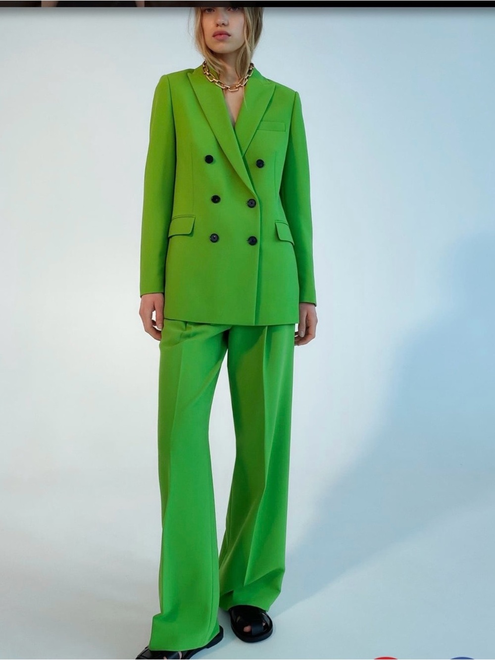 Zara Bright Green Double-Breasted Wide-Leg Suit